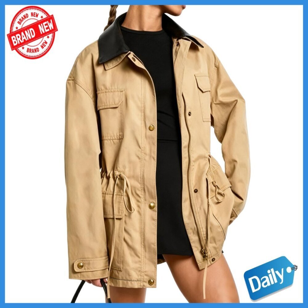 Faux Leather Collar Utility Jacket with Drawstring Waist and Multiple Pockets